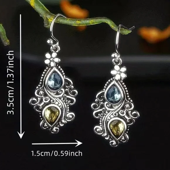 Vintage Silver Floral Gemstone Dangle Boho Earrings Nwt - Picture 5 of 5